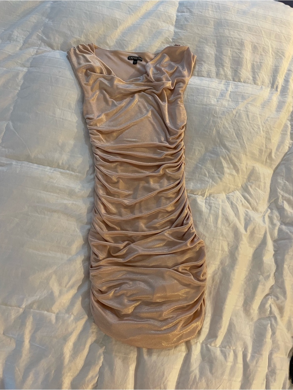 Express Shimmery Blush Ruched Mini Dress
